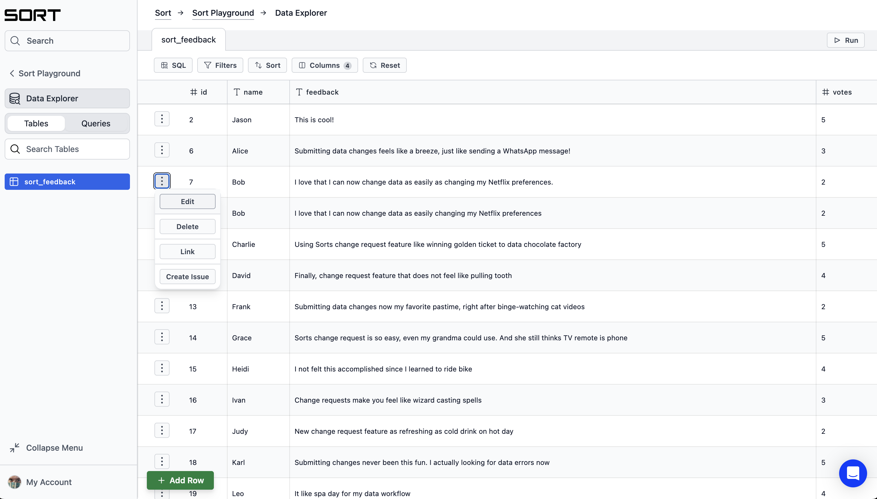 Sample database for submitting a change request