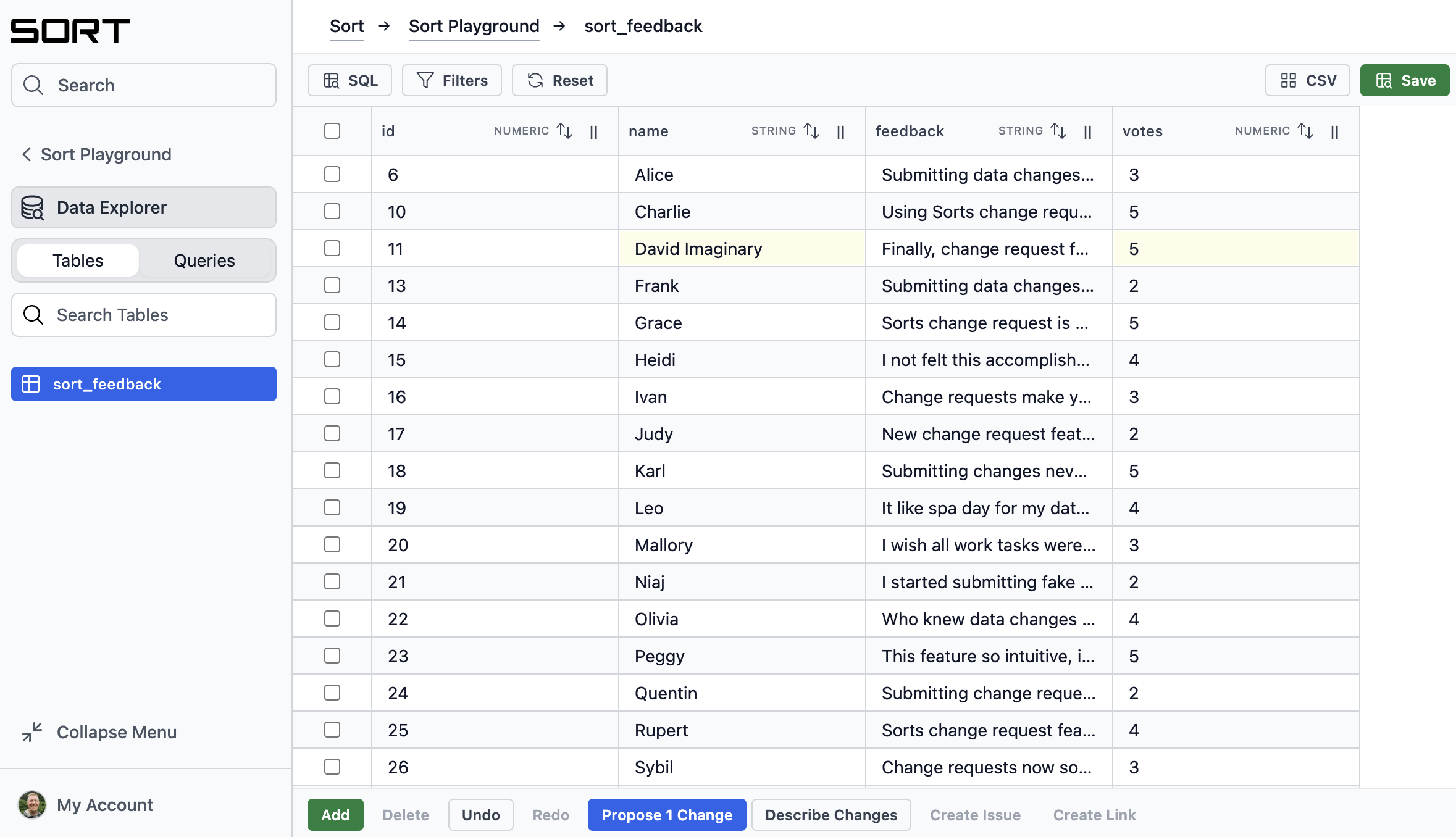 Sample database for submitting a change request